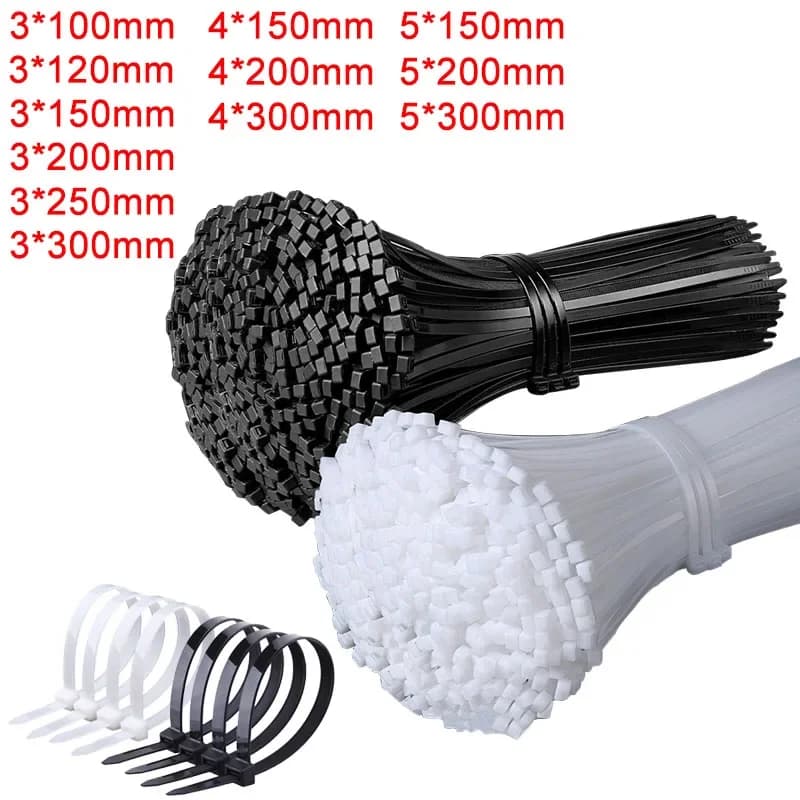 250/500/1000 Stück selbstsichernde weiße schwarze Kunststoff-Nylon-Kabelbinder, Befestigungsring, Nylon-Klemmband mit Schloss, 3 x 100, 4 x 300 mm