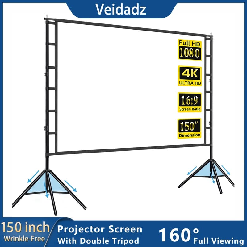 VEIDADZ Projektorleinwand mit Ständer, weiß, knitterfrei, 160 °   Betrachtungswinkel 60-150 Zoll doppelseitiger Bildschirm Heimkino im Freien