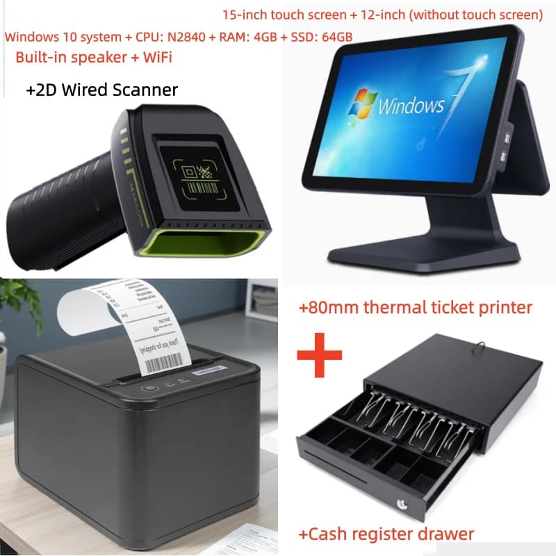 Komplettes Kassensystem mit 80mm Thermodrucker, Scanner, Kassenschublade, Touchscreen-Kasse, 15,1 Zoll, integriertes WLAN