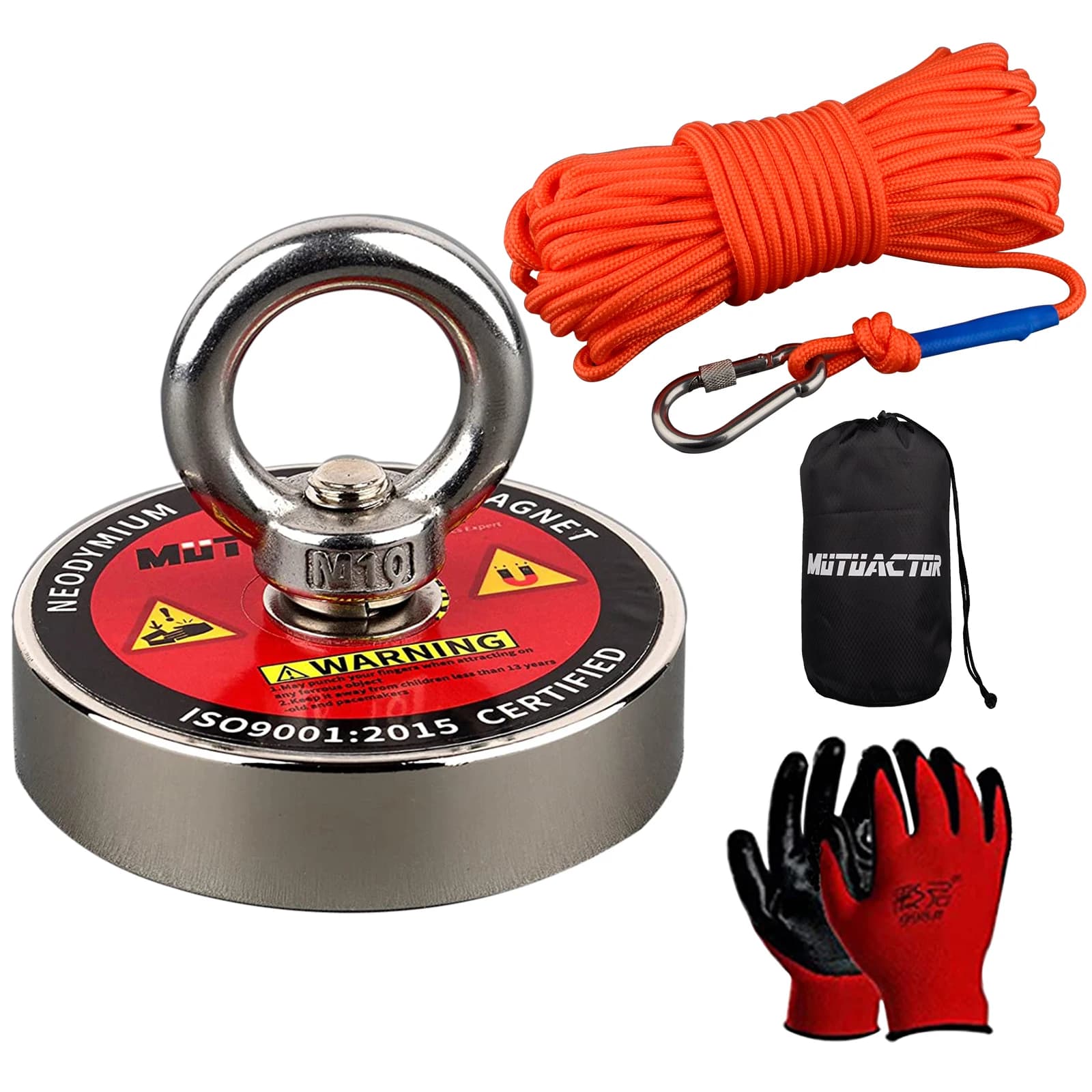 Starkes Angelmagnet-Set, 150 kg/220 kg, robuste 49 Fuß lange Seilhandschuhe, Karabiner mit Schraubensicherung