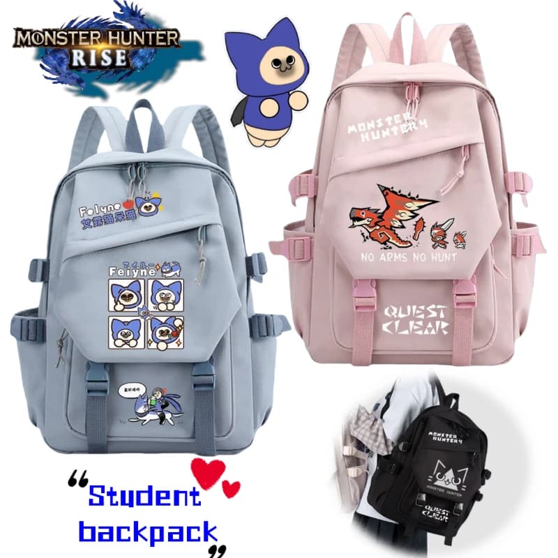 Monster Hunter Wilds Felyne Rathian Game Merchandise Doppelschulter-Rucksack, leichte Schulranzen zum Schutz der Wirbelsäule für Studenten