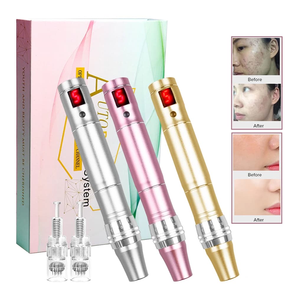 Elektrischer Derma-Stift, professioneller Hochfrequenz-Gesichtsschönheits-Microneedling-Derma-Stift mit 2 austauschbaren Nadelkartuschen