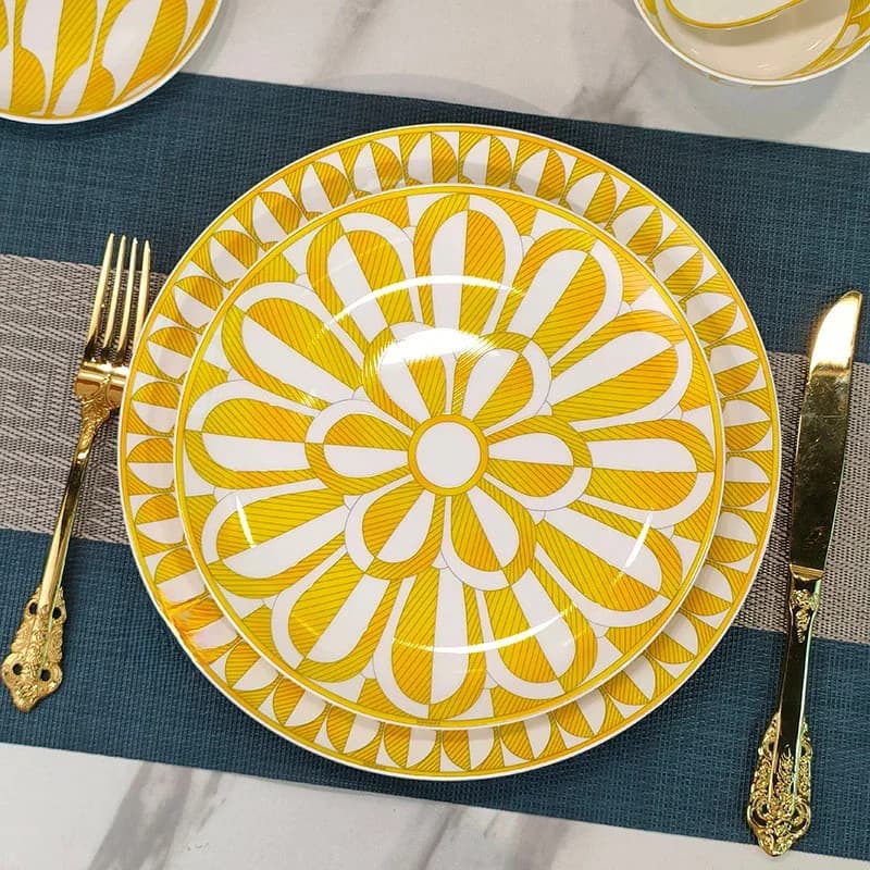 Geschirr im europäischen Stil, Bone China, geometrische Kreativität, Steakteller-Essteller im Home-Stil, Sonnenschein-Tasse und Teller-Set als
