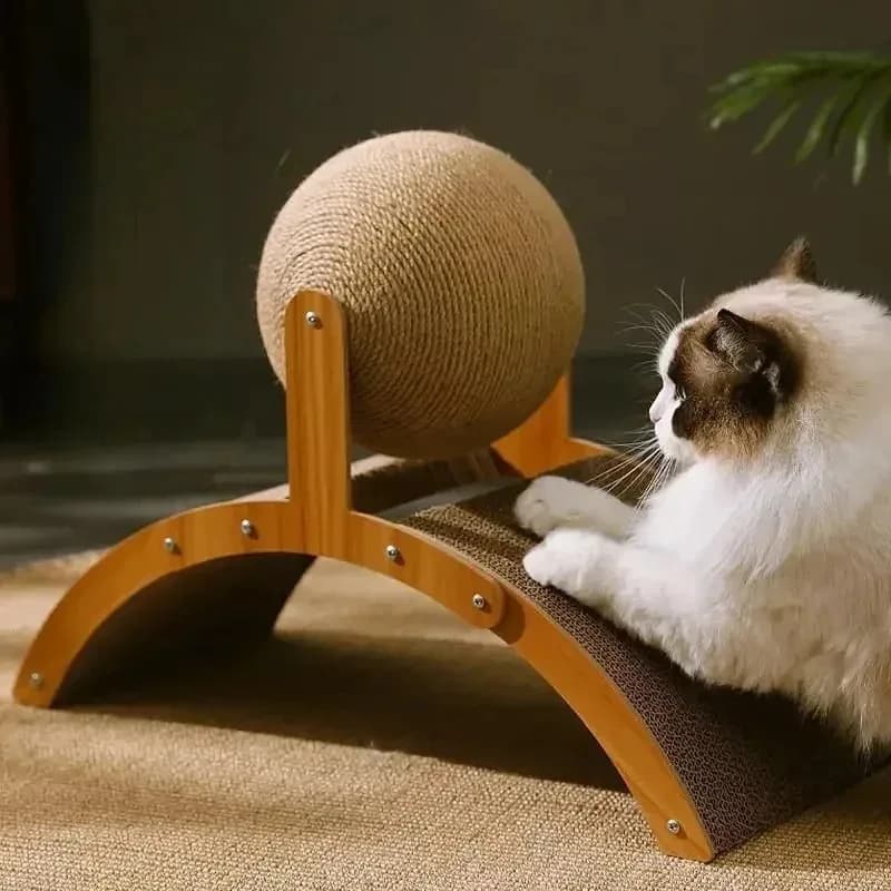 2-in-1 Katzen-Kratzball aus Holz mit Natur-Sisal-Kratzbrett und Kratzsäule – verschleißfester Pfoten-Holzschaber