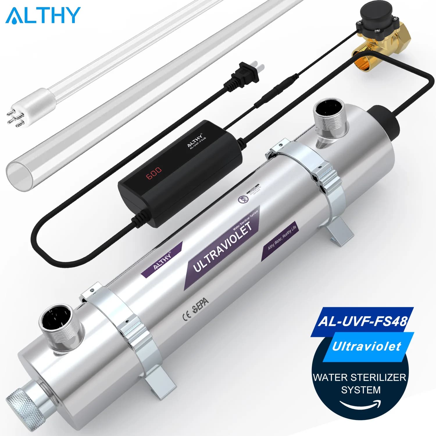 ALTHY UV-UV-Wassersterilisatorsystem für das ganze Haus, Filterreiniger + intelligenter Durchflusskontrollschalter, Edelstahl, 12 GPM