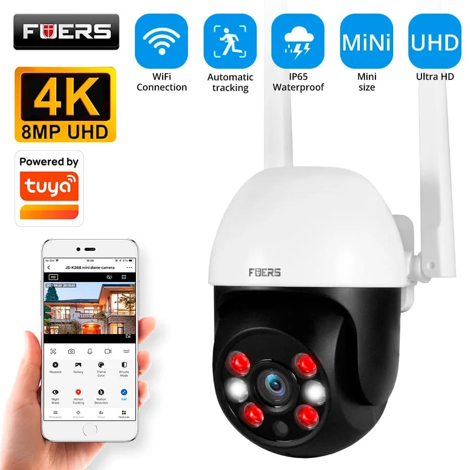Fuers 8MP 4K IP-Kamera für Außenbereich, Heimsicherheit mit Auto-Tracking, KI-Menschenerkennung, WLAN-Überwachungskamera, Kompatibel mit Tuya Smart
