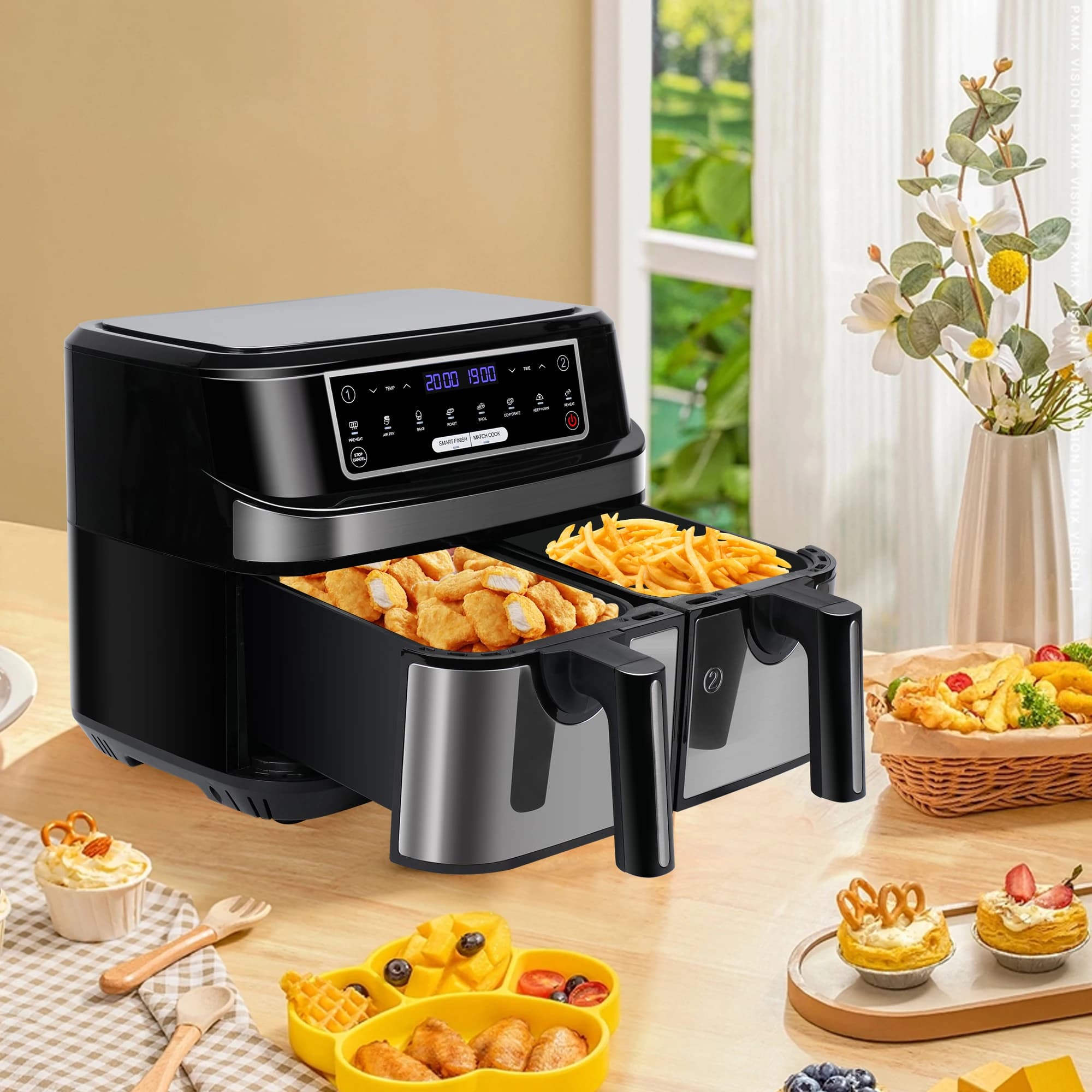 Heißluftfritteuse, Doppelkammer, 9 Liter, XXL-Luftfritteuse mit 2 unabhängigen 4,5 l Schubladen, 8 automatische Programms mit LED-Touchscreen