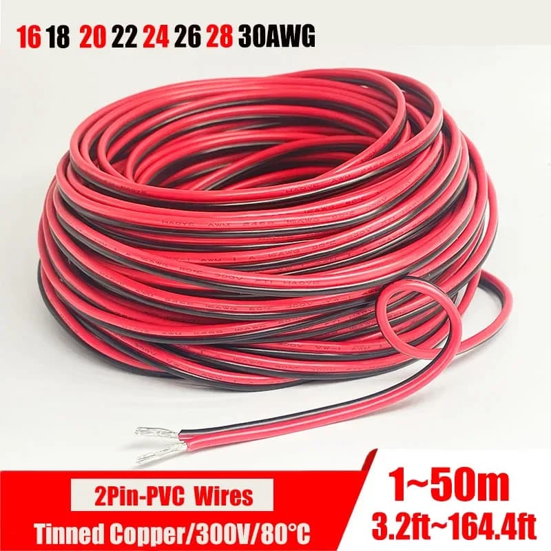 2-poliges rotes und schwarzes PVC- oder Silikon-Verlängerungskabel 28awg 26awg 24awg 22awg 20awg 18awg 16awg Verzinnter Kupfer-Hauskabel