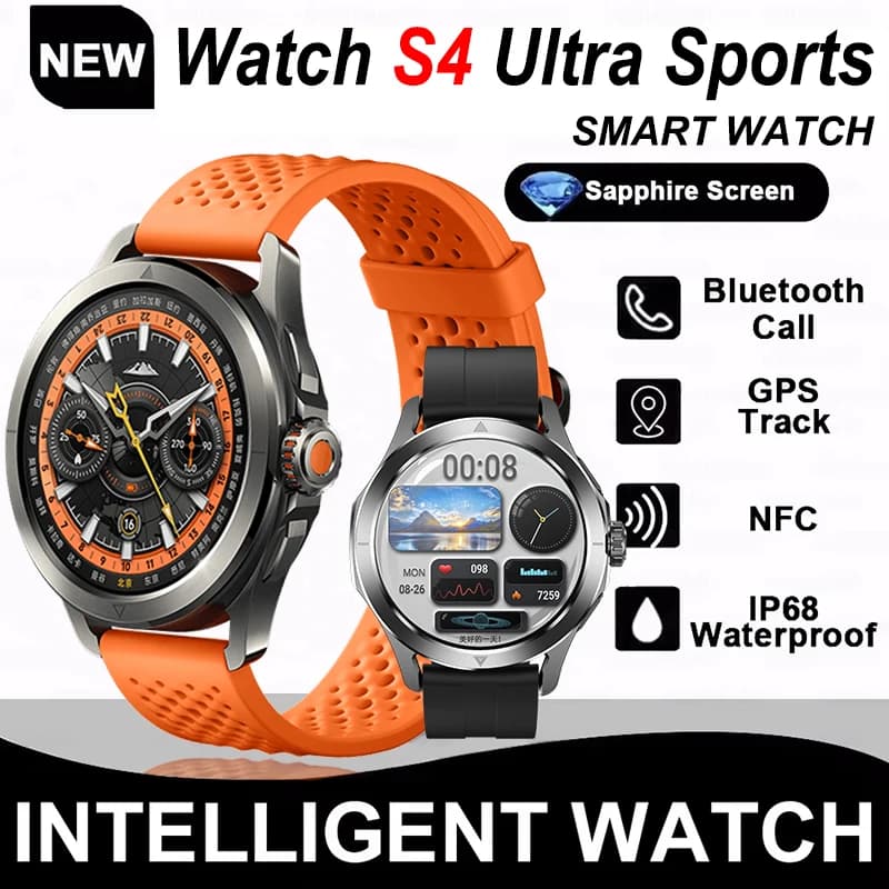 Neue Uhr S4 Ultra Sport Smart Uhr Männer AMOLED Outdoor Fitness GPS NFC Kompass Herzfrequenz Wasserdichte Bluetooth Anruf SmartWatch