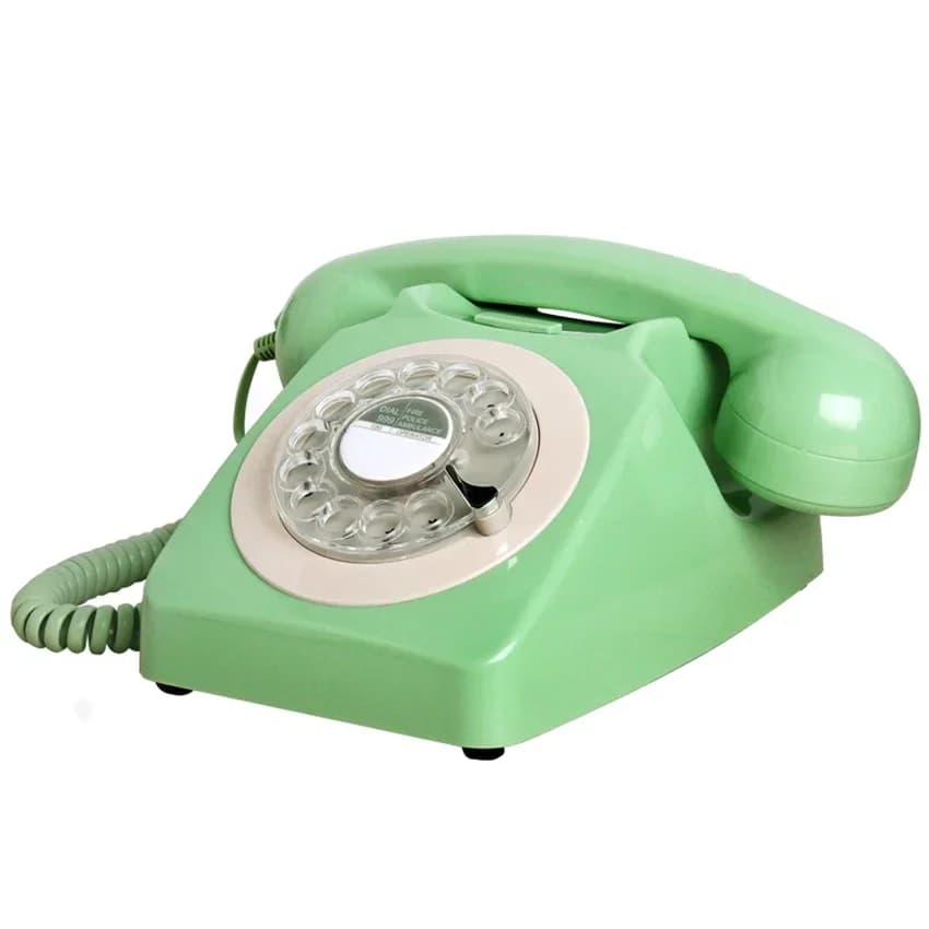 Schnurgebundenes Festnetztelefon im Vintage-Stil, altmodisches Retro-Heimtelefon mit drehbarem Zifferblatt und mechanischem und elektronischem