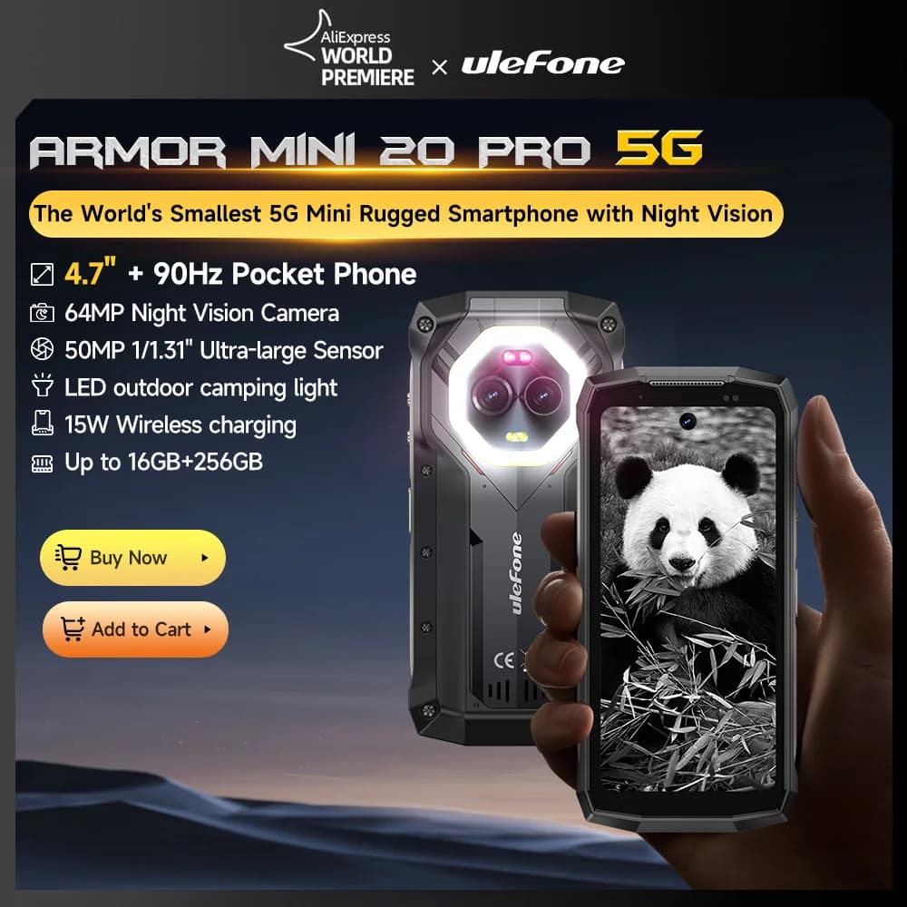 Ulefone Armor Mini 20 Pro 5G 4,7" Display Robustes Telefon 64MP Nachtkamera Vielseitiges LED-Licht Android 14 Smartphone 6200mAh 16GBRAM（8+8）256GB