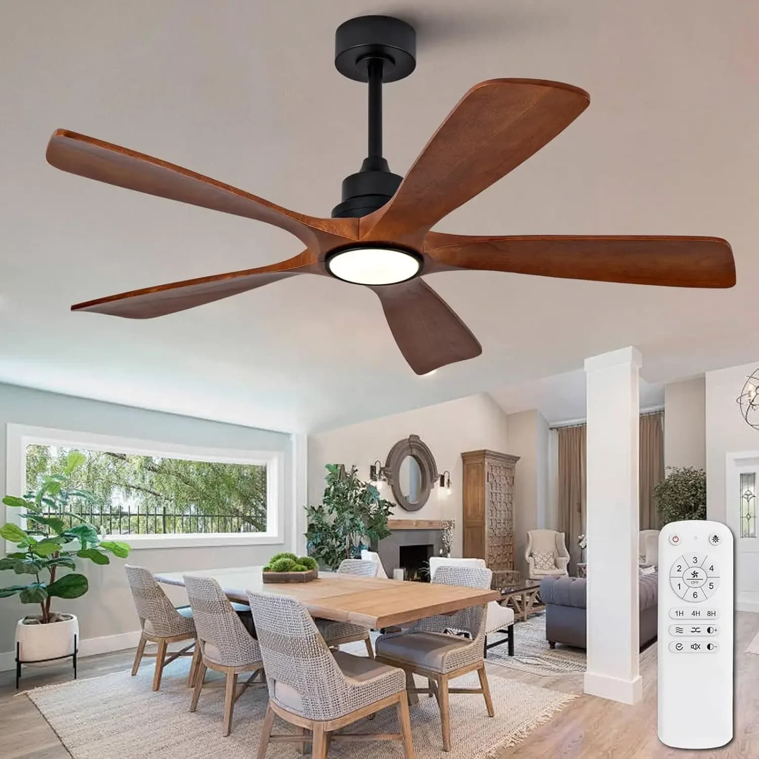 Deckenventilatoren aus Holz mit Lichtern für Schlafzimmer, Innenbereich, Büro, Fernbedienung, 6-Gang-Wind, schwarzes Walnussholz, 5 Flügel,