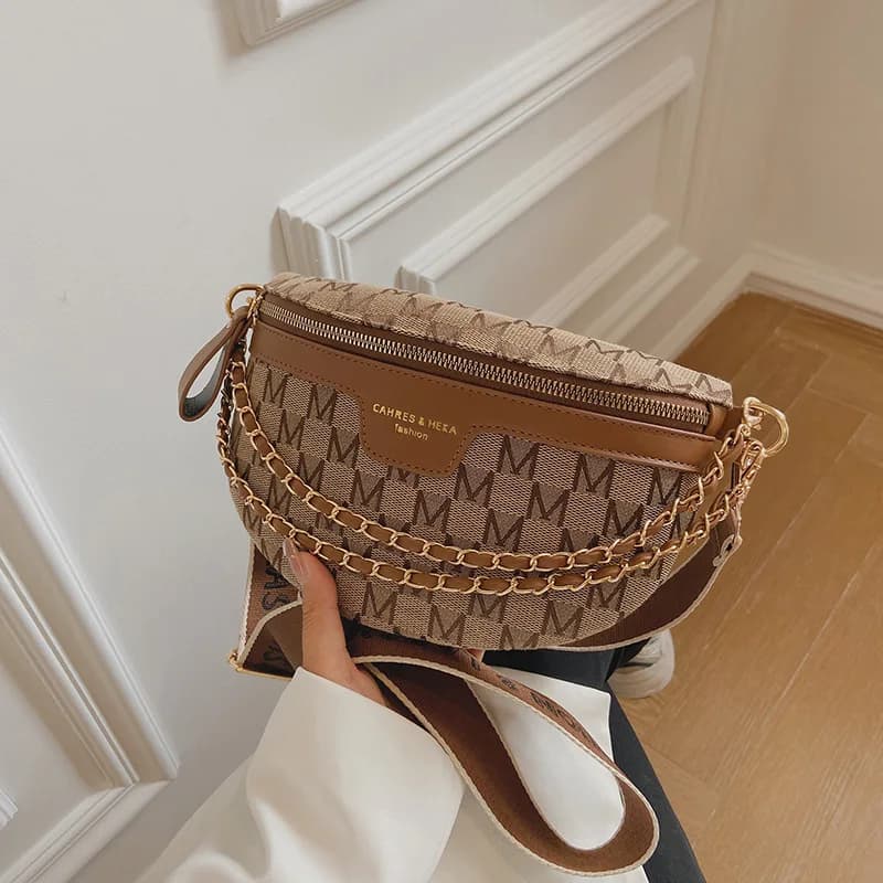 Gedruckt Brief Plaid Muster Fanny Packs Für Frauen Modische Kette Taille Tasche Weibliche Taille Pack Damen Breiten Gurt Crossbody-tasche
