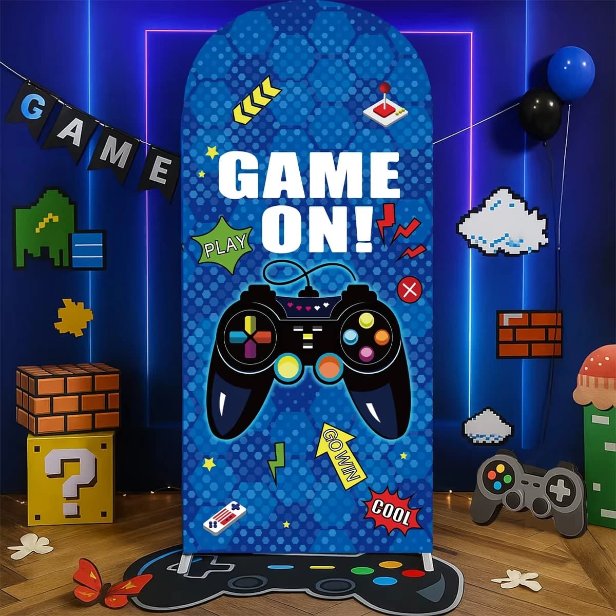 VIKAMA Spiel-Thema-Bogen-Hintergrund, schillerndes Blues, sechseckiges Design, Griffmuster, Kindergeburtstag, Party, Gaming-Thema, Party-Dekoration