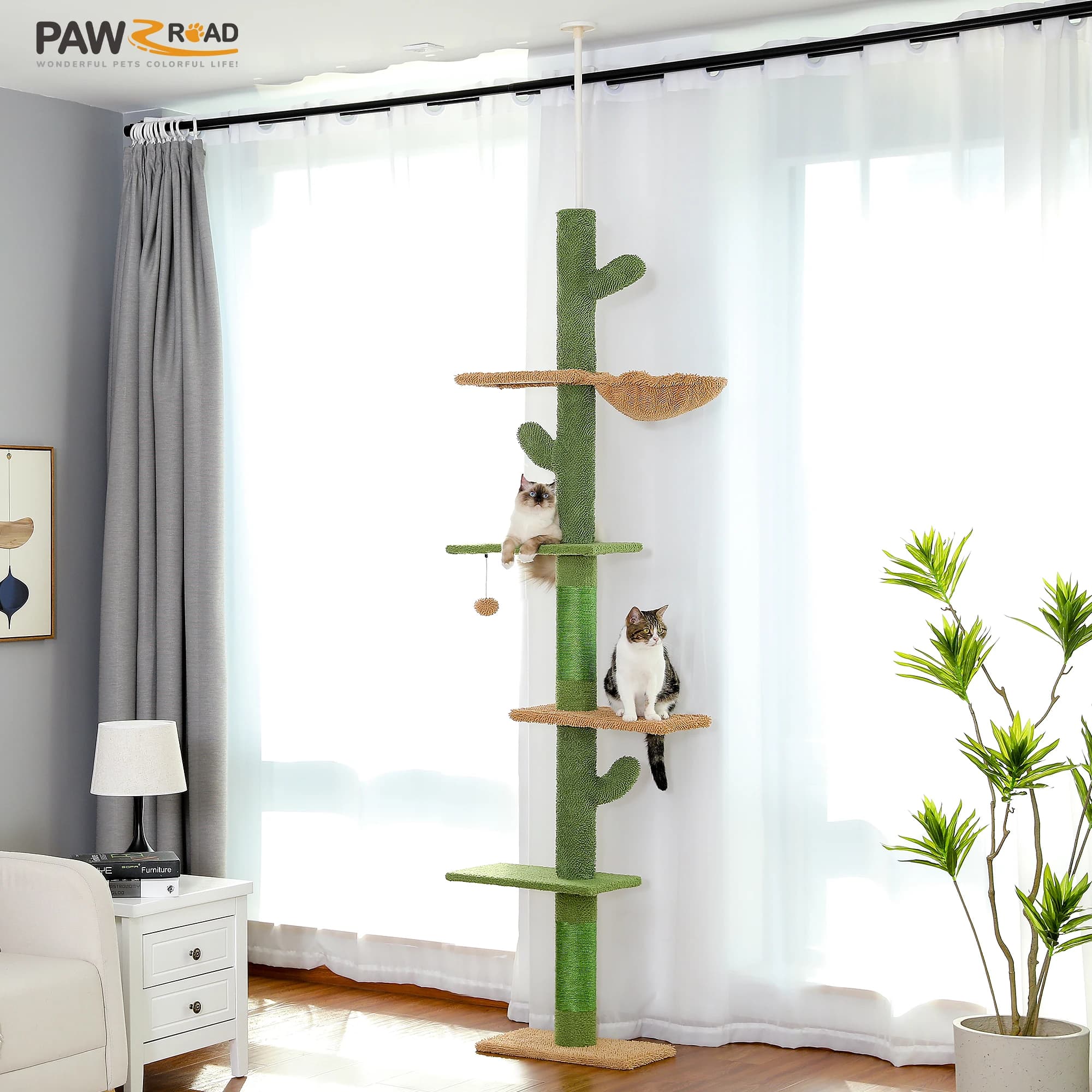 Höhenverstellbarer Katzenbaum mit Gemütlicher Hängematte Sisal-Kratzpfosten Hängender Ball Boden-bis-Decke Katzenturm für Innenbereich