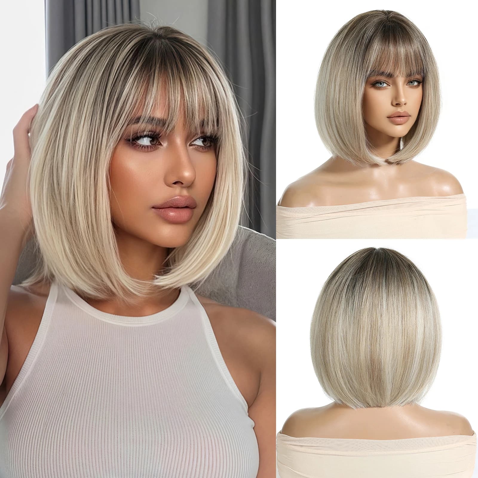 EASIHAIR Kurze gerade Bob-Synthetik-Perücke mit Pony, goldenes Platin, dunkle Wurzel-Perücke für Frauen, tägliches Cosplay, hitzebeständige Faser