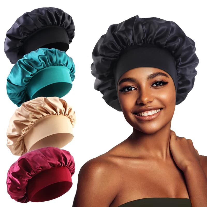 Neue Satin Breite Krempe Schlummertrunk Seidige Motorhaube Haar Wrap für Schlafen Schlaf Kappe Mit Elastische Weiche Band Styling Kappe Haar Wrapping
