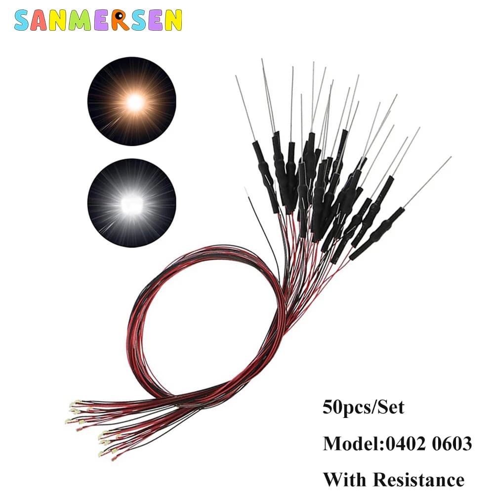 50 stücke 0402 0603 mit widerstand smd lampe micro litz led vor gelötet chip verdrahtet 12v eisenbahn modell spielzeug licht diy führt drähte 30cm