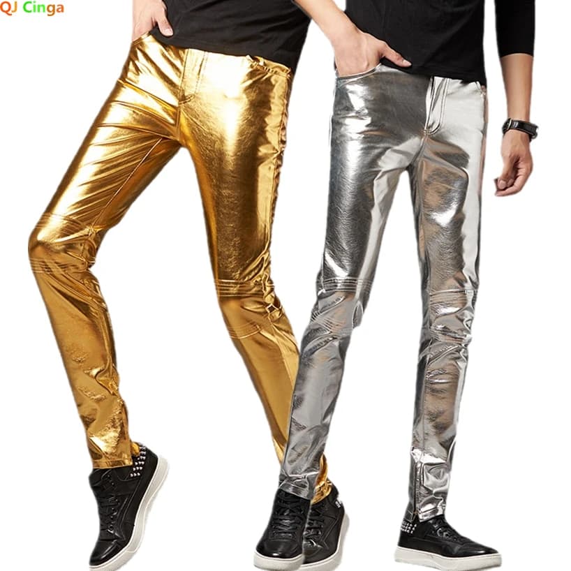 2026 Herren Silber glänzende Motorrad-PU-Lederhose, Marke Skinny Disco Party Halloween Hose Bühne Abschlussball Sänger Kostümhose