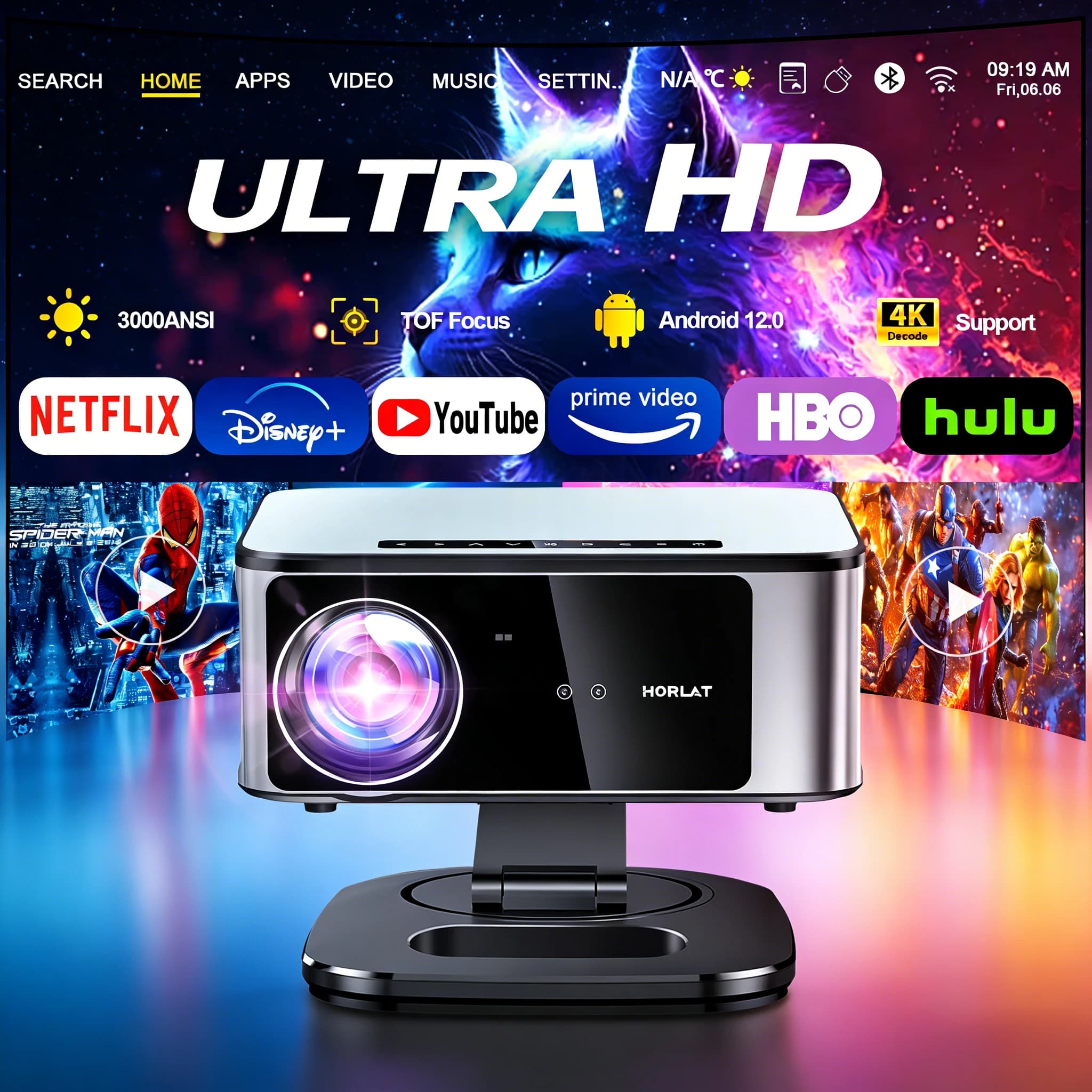 HORLAT 45000 Lumen 4K UHD Projektor Laser TOF Fokus Android12 TV Beamer WiFi6 1080P Full HD Heimkino Film-Projektor Gaming