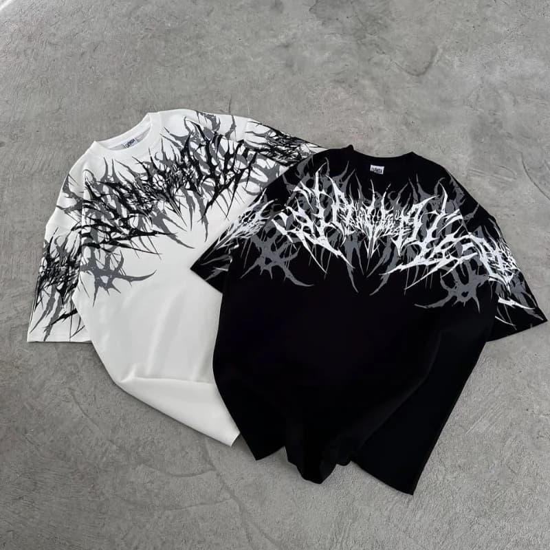Y2K Cyberpunk Gothic T-Shirt Edgy Thorn Texture Print Reine Baumwolle Streetwear Fashion Grafik T-Shirt Urban Style Bequeme Passform
