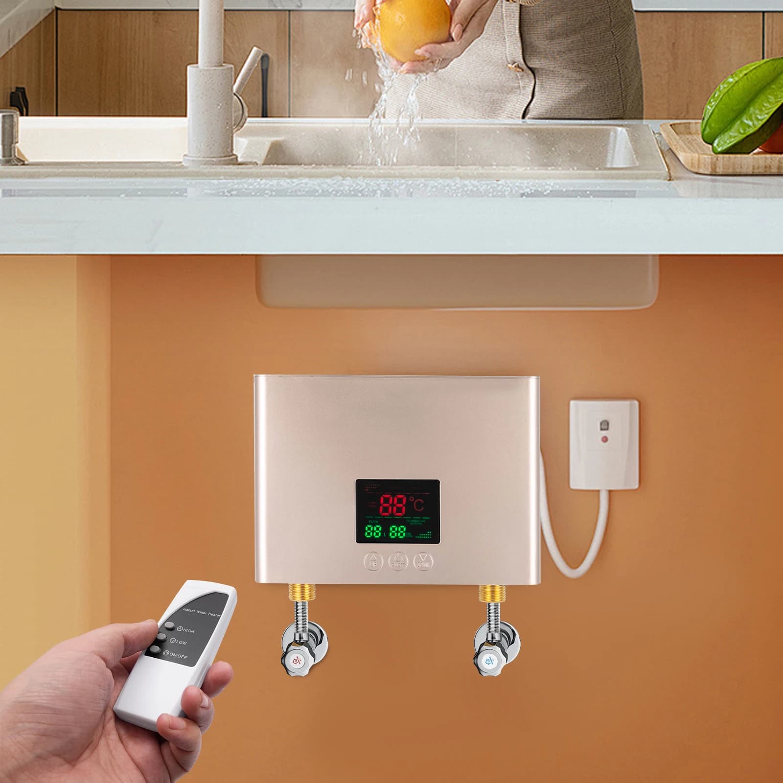 3000 W Küchen-Warmwasserbereiter, Durchlauferhitzer für die Küche, moderner rechteckiger Wand-Warmwasserbereiter mit LED-Anzeige