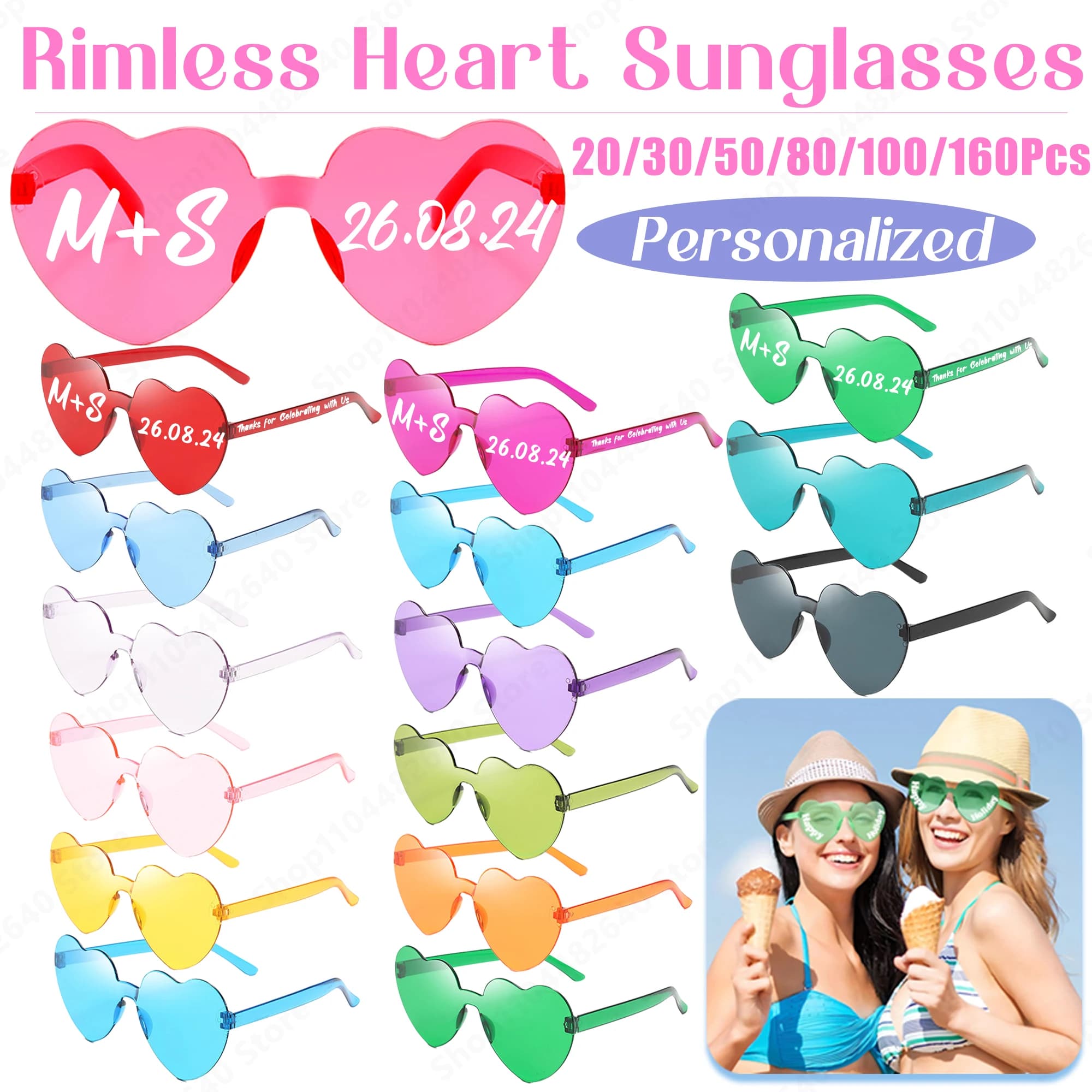 20–160 Stück individuelle herzförmige Sonnenbrille für Hochzeit, Bonbonfarben, personalisierte Herz-Sonnenbrille für Gäste,