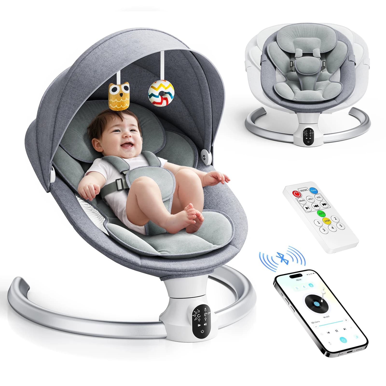 Elektrische Babyschaukel, Babywippe, APP und ferngesteuerte Babyswaage von der Geburt bis 9 kg, 5-Punkt-Geschirr, verbesserte Babyswaage mit 3 Timern