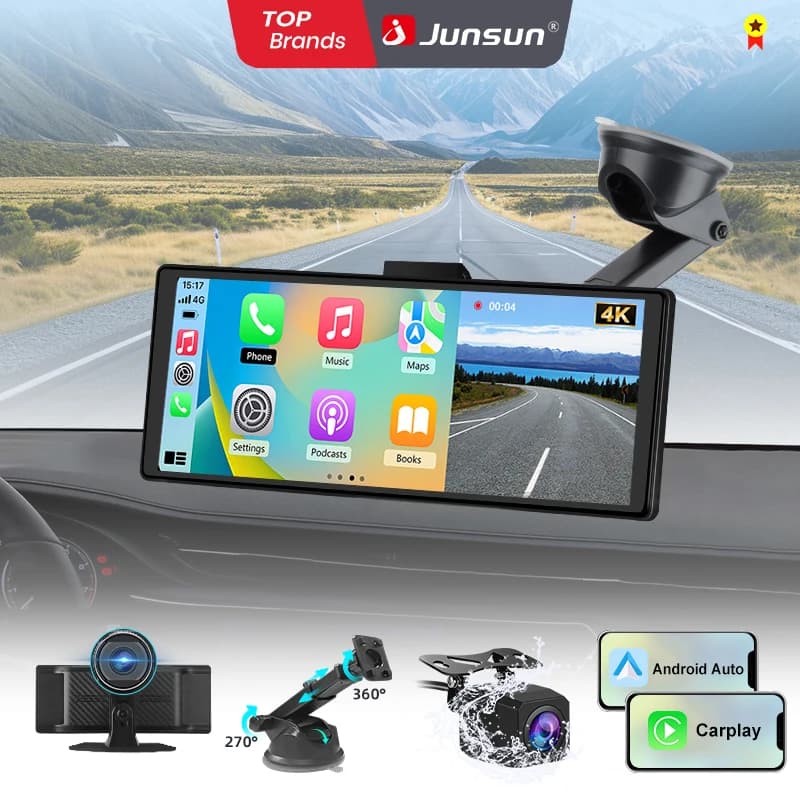 Junsun 10,26 Zoll Dashcam 4K Auto-DVR, kabelloses Carplay für Apple Android Auto, GPS-Navigation, Dashboard-Videorecorder, IPS-Touchscreen,