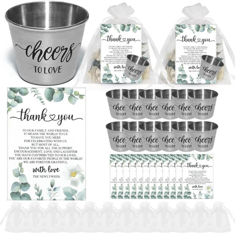 Hochzeitsgeschenke Edelstahl-Schnapsgläser-Set Eukalyptus-Organza Prost Gastgeschenke für Brautparty Hochzeitsfeier Event-Souvenir
