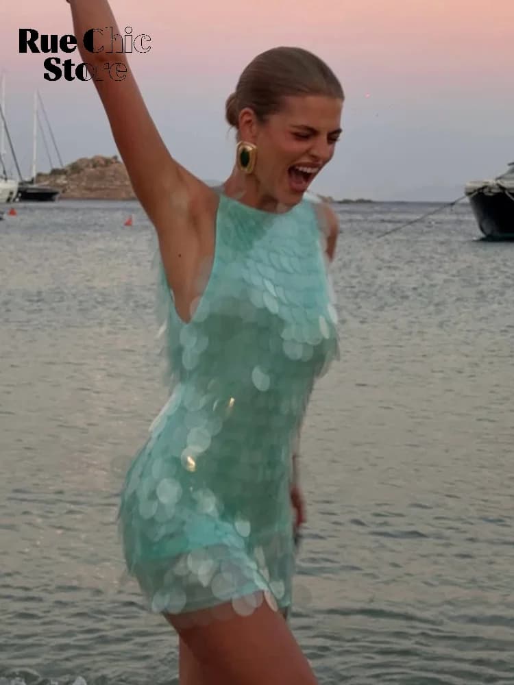 Sexy Pailletten-Rückenfreies Ärmelloses Kurzes Kleid Damen Hochgeschnittenes Bodycon Mini-Kleid 2026 Strand Urlaub Party Club Outfits