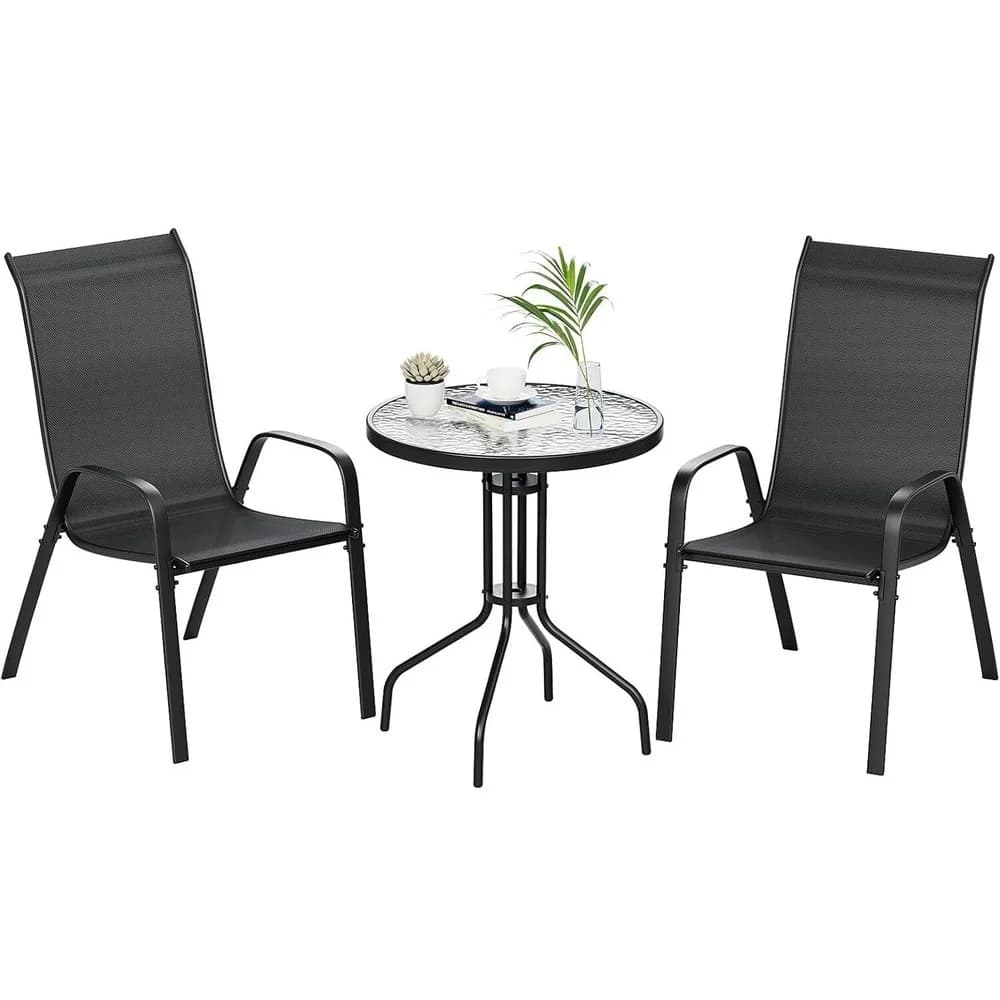 3-teiliges Terrassenmöbel-Set für den Außenbereich, stapelbare Stühle mit hoher Rückenlehne und Couchtisch aus Glas für Rasen, Garten, Balkon,
