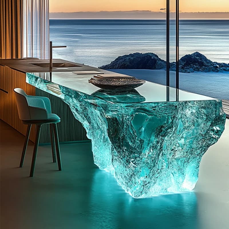 High-End-Licht, luxuriös, transparent, Kunstharz, Hotel, Rezeption, Restaurant, Villa, Küche, Trennwand, leuchtender Kristall-Gletscher-Inseltisch