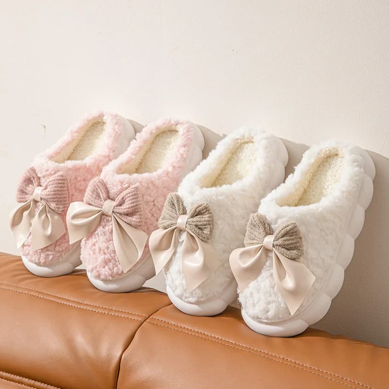 Damen-Hausschuhe mit Schleife, dicke Sohle, weiche Sohle, Schlafzimmer-Baumwollschuhe, Outdoor, Innenbereich, Winter, Plüsch, rutschfeste Schleife,