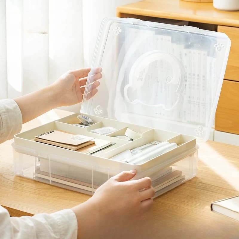 Niedliche kleine Bären-Aufbewahrungsbox für Schreibwaren, doppellagige transparente Kunststoff-Aufbewahrungsbox für Studenten-Desktop-Verschiedenes