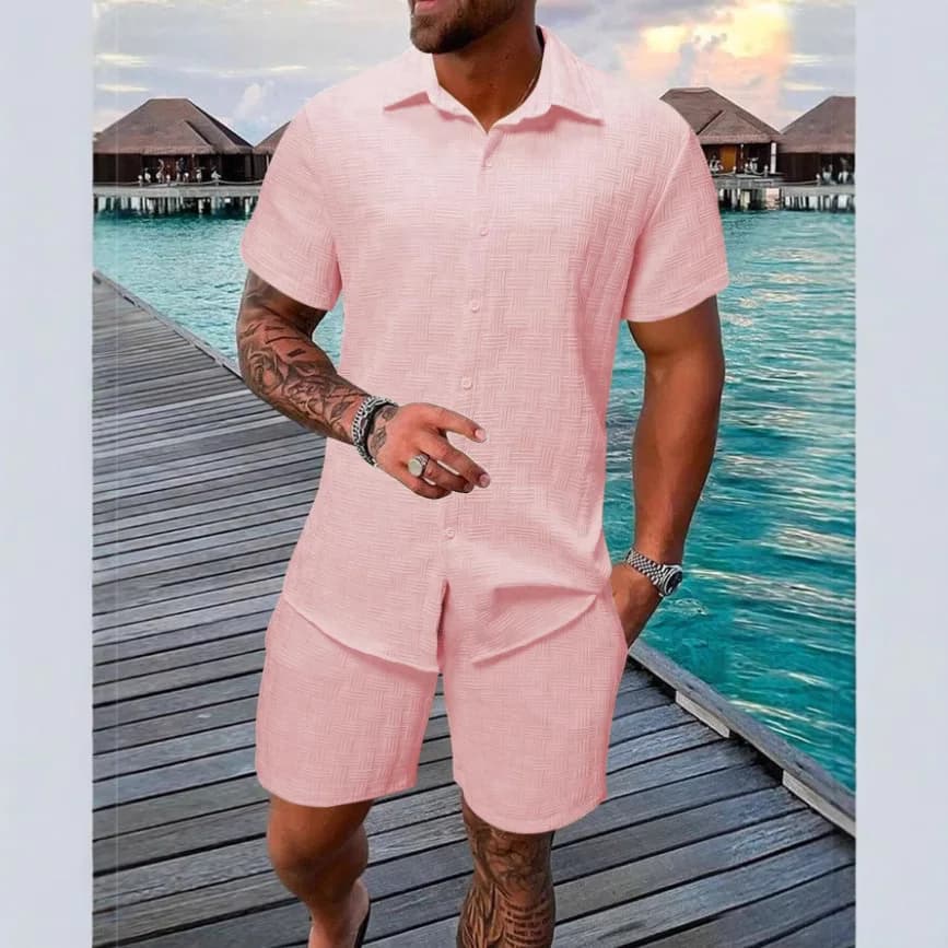 2025 sommer jacquard karierten textur einfarbig anzug kurzarm männer mode komfortable urlaub strand stil hemd shorts zwei-