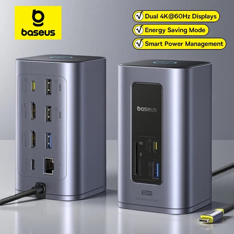 Baseus 12-in-1 USB C HUB auf HDMI 4K@60Hz Dual Display USB 3.2 Adapter mit RJ45 SD TF PD 100W Dockingstation für Windows Mac Hub