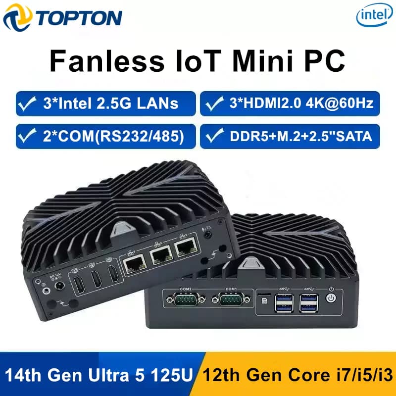 Topton Lüfterloser Mini-Firewall-PC Intel Ultra 5 125U i7 1255U i3 1215U 3*2.5G LAN 3*HDMI2.0 IoT Industrie-Computer Edge Computing