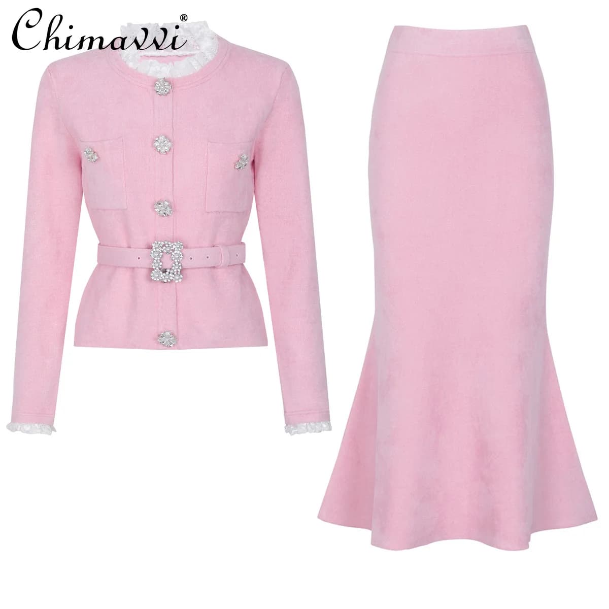 High-End-Frühling Herbst Rock Set 2026 Neue Mode Langarm Dünne Gestrickte frauen Top Jacke Rock Set OL frauen Zwei-Stück Set