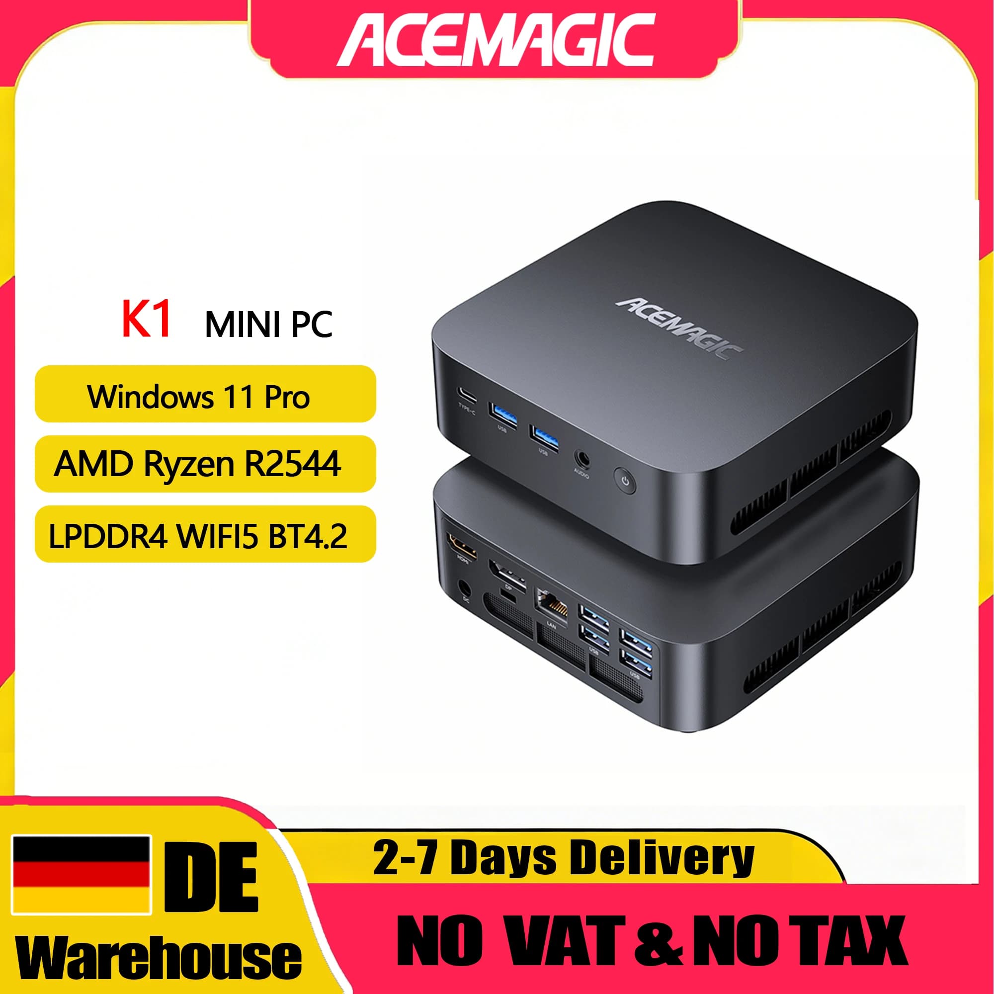 ACEMAGIC K1 MINI PC AMD Ryzen Embedded R2544 16GB LPDDR4 RAM 512GB SSD Windows 11 Pro MINI Computer WLAN5 BT4.2 4K Dreifach-Display