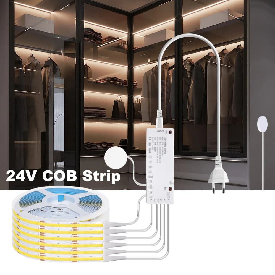1m-5m COB Led Streifen Schrank Licht DC 24V Durchdringbare Holz Touch Dimmer Schalter Kleiderschrank schrank Vitrine Speisekammer DIY Lichter Streifen