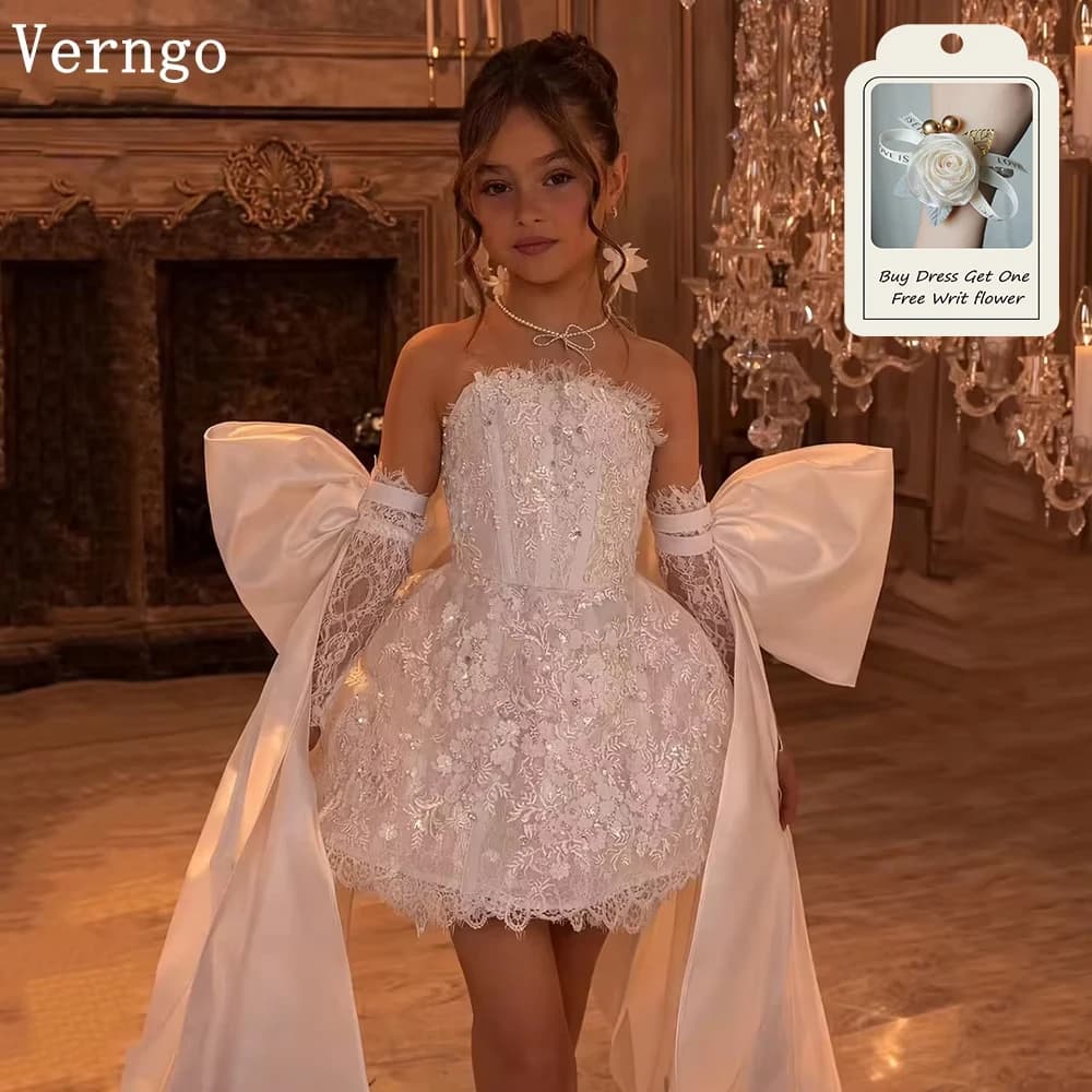 Verngo Luxuriöses Spitzen-Minikleid für Mädchen, Trägerloses Prinzessinnenkleid mit Schleife, Kinder-Festkleid, Maßgeschneidertes Mädchenkleid