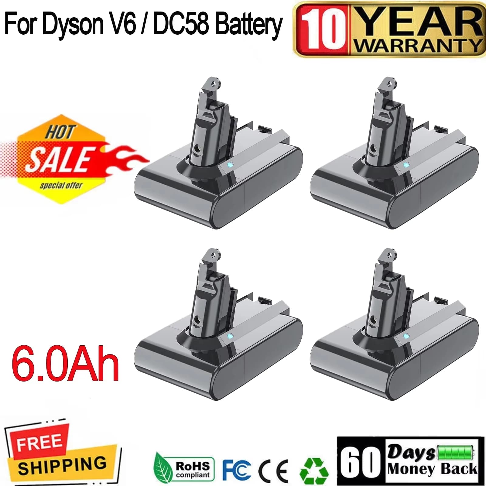 6000 mAh Ersatzakku für Dyson V6, für Dyson DC58 DC59 DC62 SV03 SV05 SV09 Absolute Staubsauger, Elektrowerkzeuge, kabellos