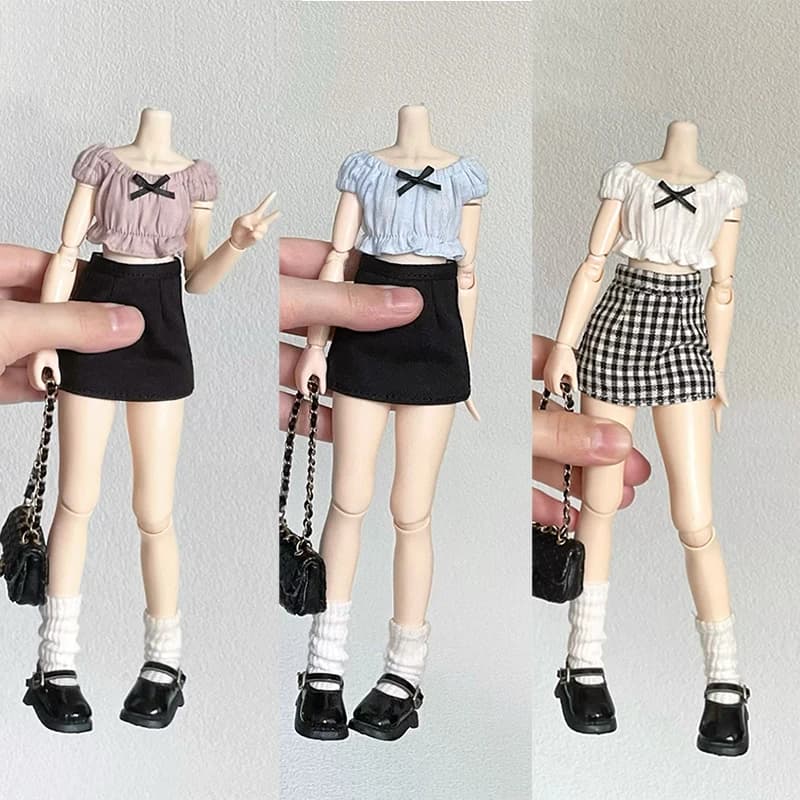 DLBell Fashion Blythe Kleidung Schulterfreies Schleifenoberteil und Mini-Karo-Kurzrock für Blythe OB24 Licca Pullip 1/6 Puppen-Outfit