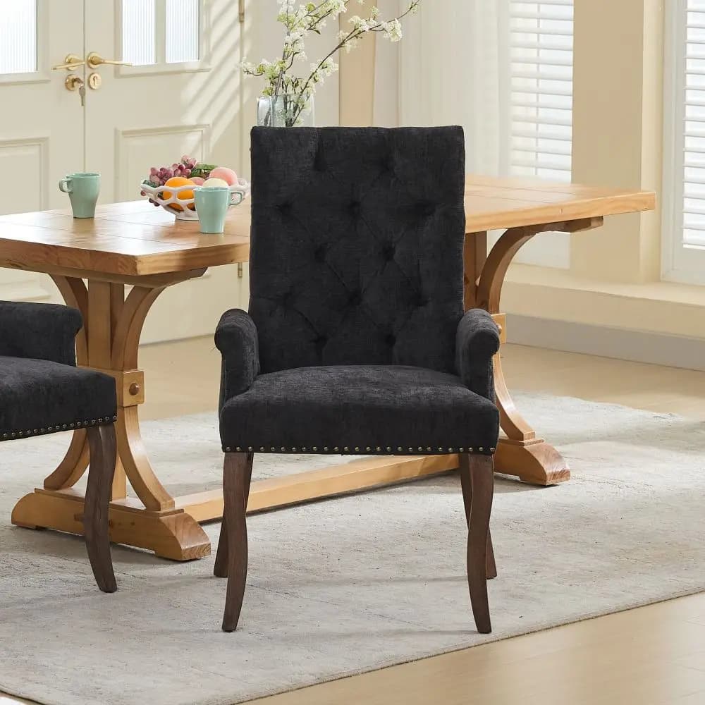 Chenille-Stoff Esszimmer-Akzentstuhl, Einzelpackung, Knopfgeheftete Rückenlehne mit Nieten-Dekor, Geschwungene Massivholzbeine, Dicker Komfortsitz &
