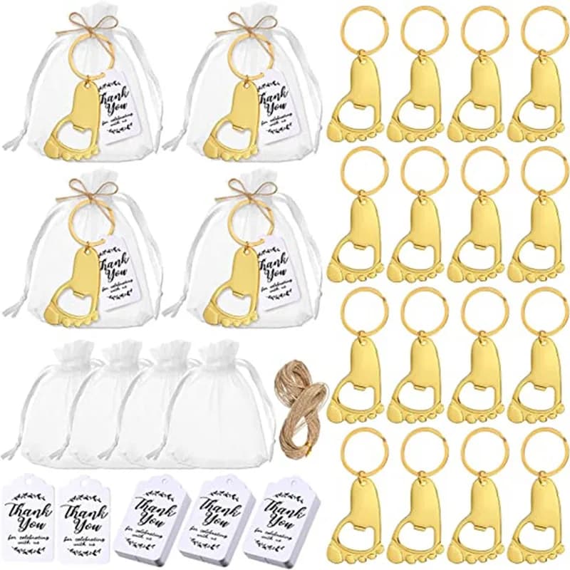 50-stück baby fußabdruck schlüssel kette flasche opener baby shower party mit organischen tuch tasche und baby shower party souvenir label