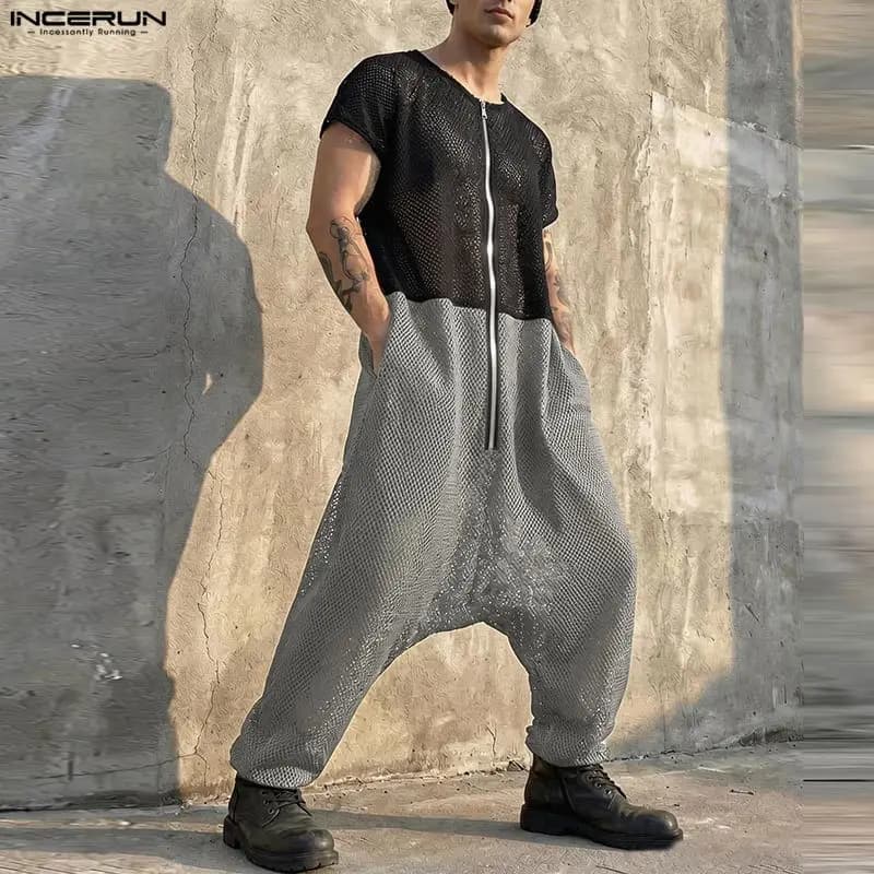 INCERUN Herren-Jumpsuits, Mesh-Patchwork, Farbblock-Reißverschluss-Overalls für Herren, Streetwear, lockere 2026-Overalls mit kurzen Ärmeln,