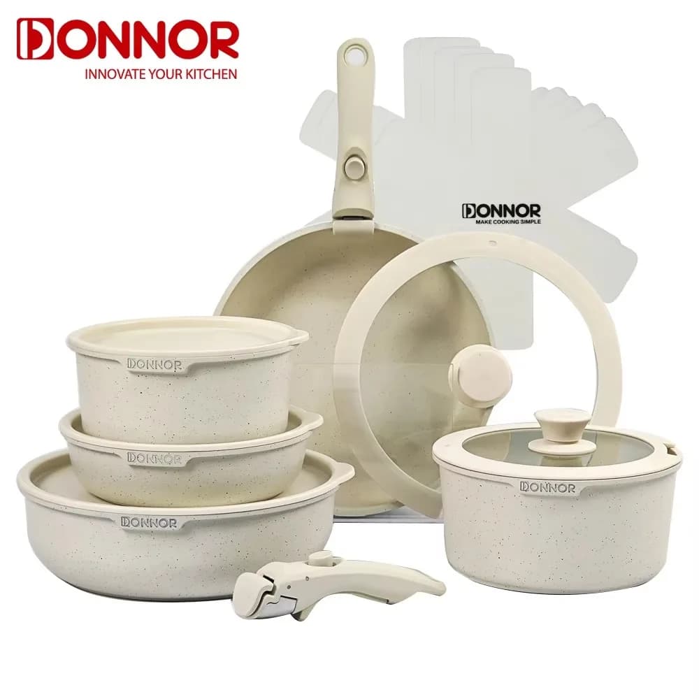 DONNOR 17-teiliges Topf- und Pfannenset aus Aluminiumdruckguss, antihaftbeschichtetes Kochgeschirr-Set, Küchenutensilien, spülmaschinenfeste