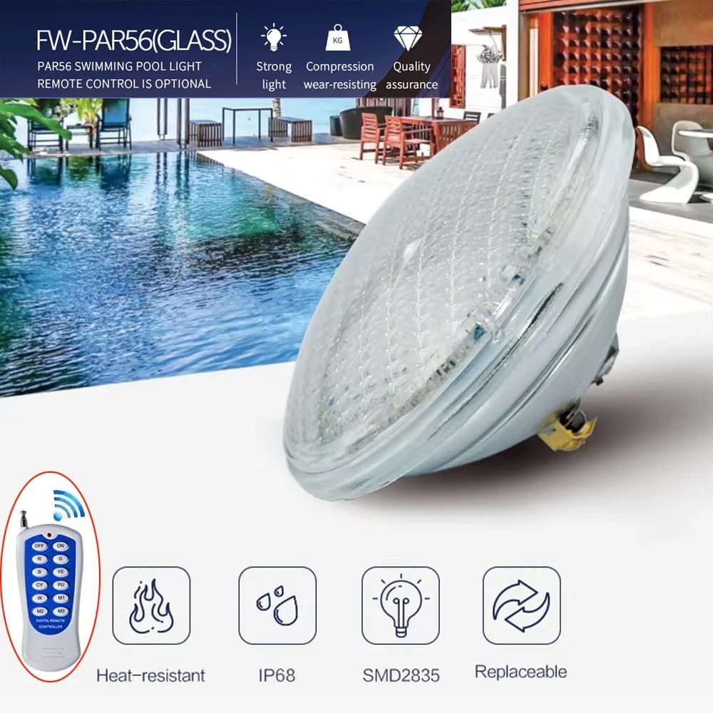 12V PAR56 RGB LED Schwimmbadbeleuchtung 18W 35W 54W IP68 Wasserdichte Unterwasser-Poollampe mit Fernbedienung und Verstärktem Glas