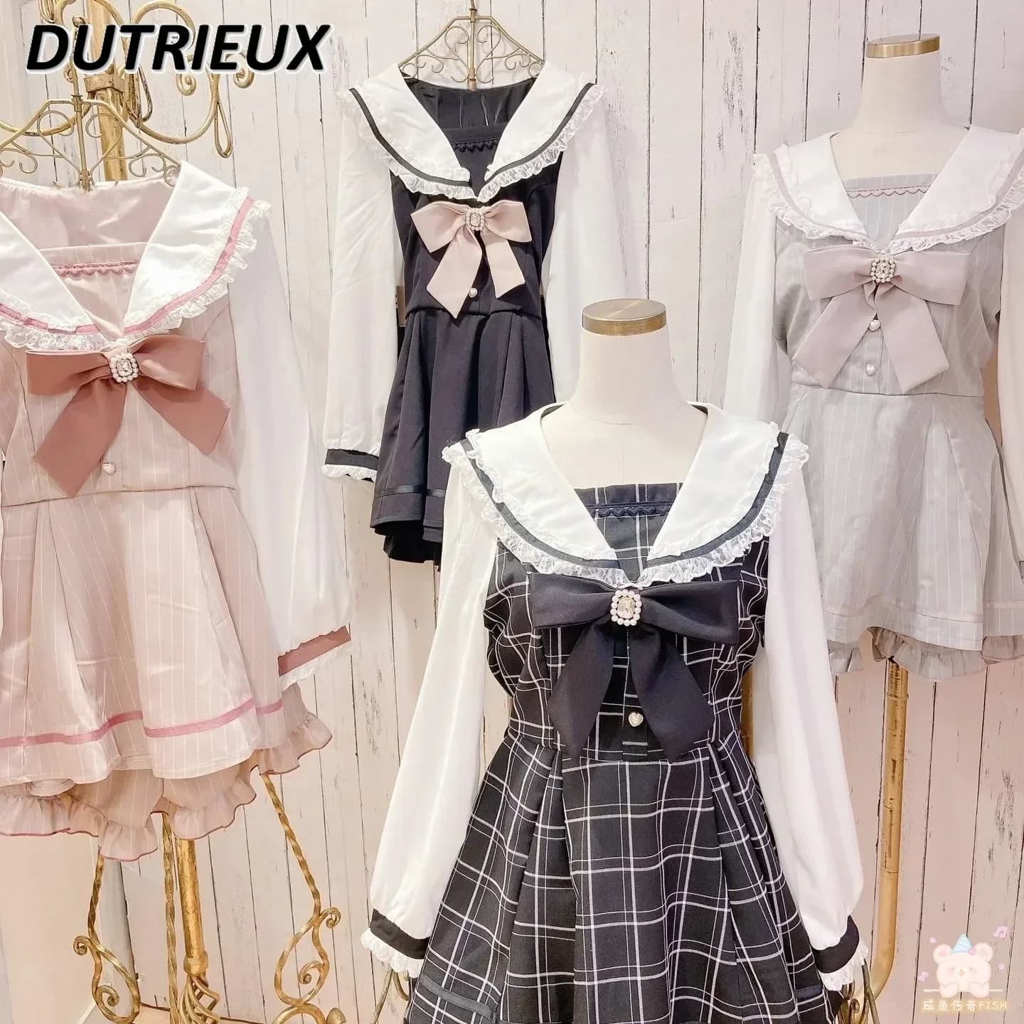 Damen-Outfits im japanischen Stil, Matrosenkragen, kariertes Strass-Schleifenkleid, Shorts-Set, süßes Lolita-Mine-Serie-Kleid, zweiteiliger Anzug